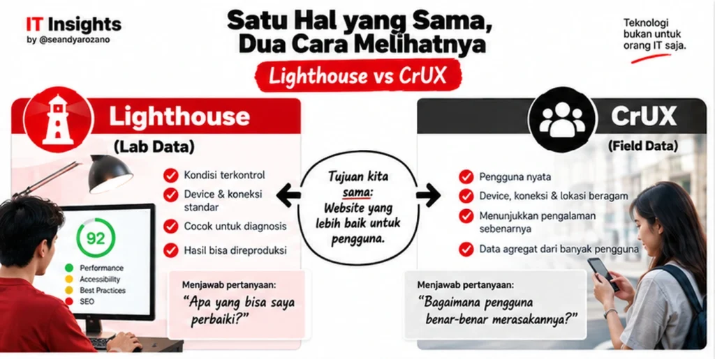 Lighthouse vs CrUX yang membandingkan lab data dengan field data untuk memahami performa website.