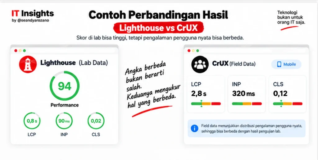 Perbandingan hasil Lighthouse vs CrUX